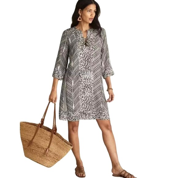 Soft Surroundings NEW Women's Size M Raven Shift Dress Wood Buttons Ecru/Black - Picture 1 of 14